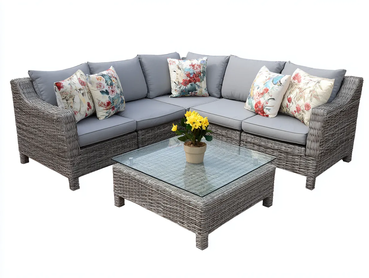 Gartensofa-Polyrattan-Aluminium-Glas-236 x 236 x 75 cm-Grau-Moderner Outdoor-Stil-Casamyyard