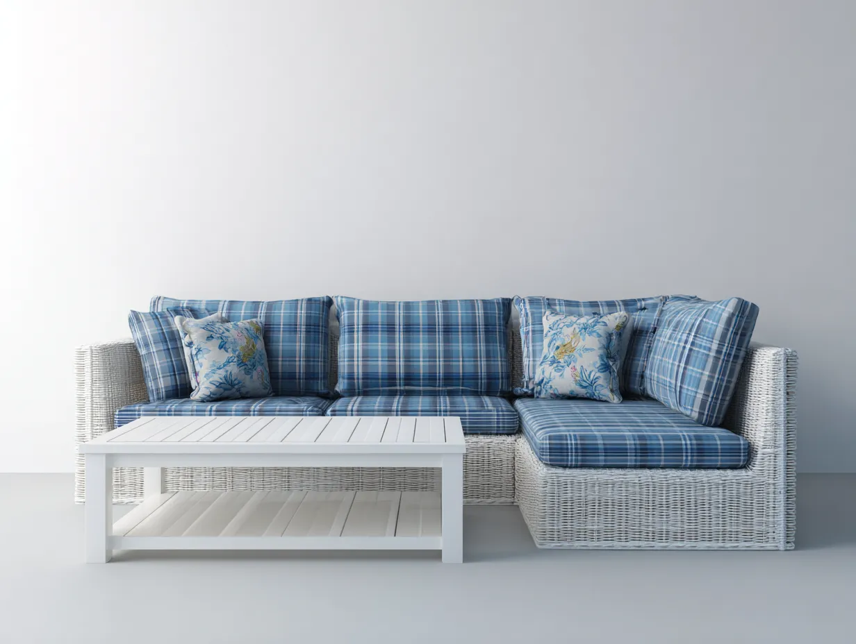 Gartensofa-Polyrattan-Aluminium-Holz-226 x 158 x 72 cm-Weiß-Blau-Moderner Outdoor-Stil-Casamyyard