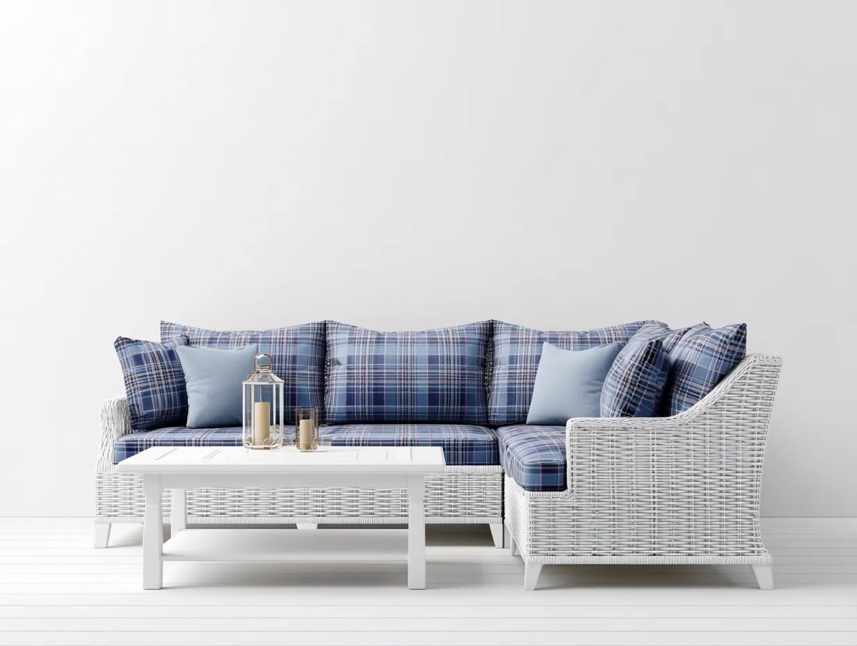 Gartensofa-Polyrattan-Aluminium-Holz-232 x 160 x 74 cm-Weiß-Blau-Moderner Outdoor-Stil-Casamyyard