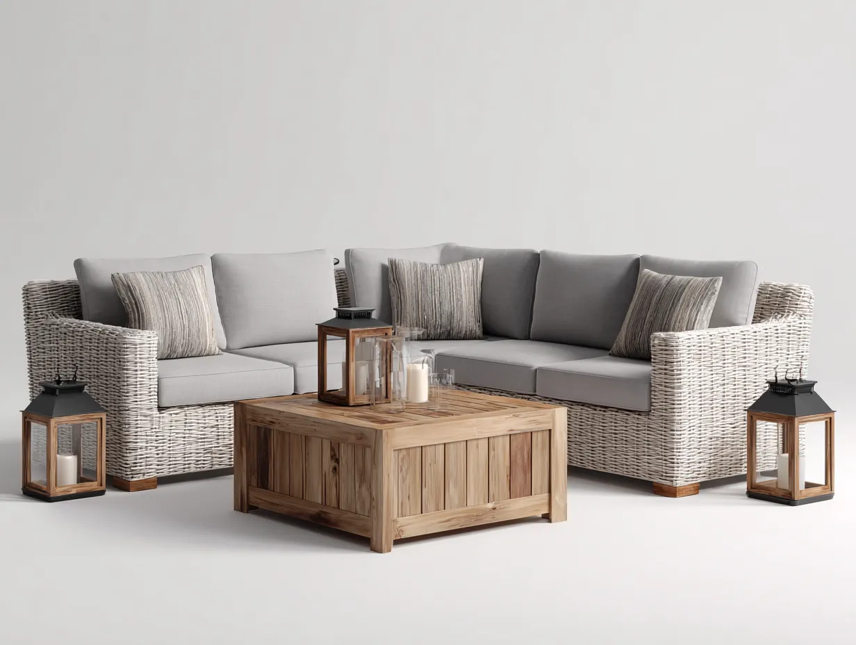 Gartensofa-Polyrattan-Aluminium-Holz-240 x 240 x 75 cm-Beige-Grau-Natürlicher Outdoor-Stil-Casamyyard