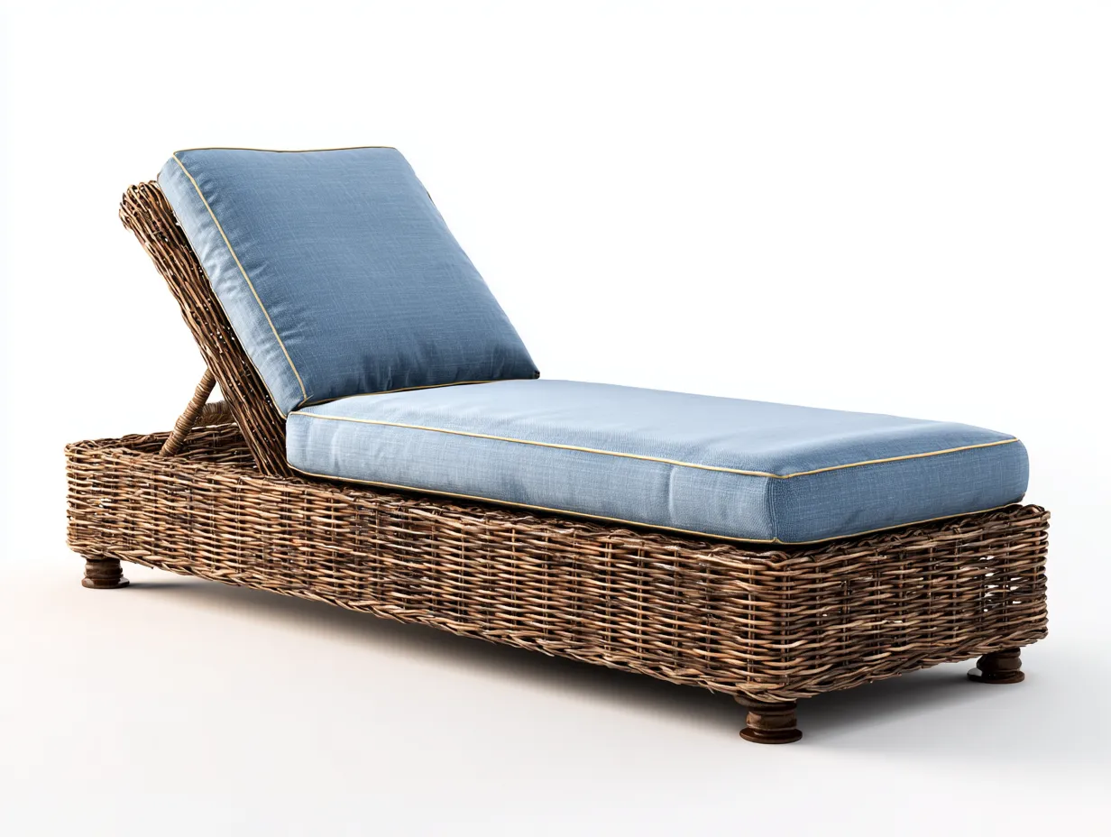 Sonnenliege-Rattan-Holz-Stoff-203 x 71 x 87 cm-Blau-Natur-Moderner Outdoor-Stil-Casamyyard