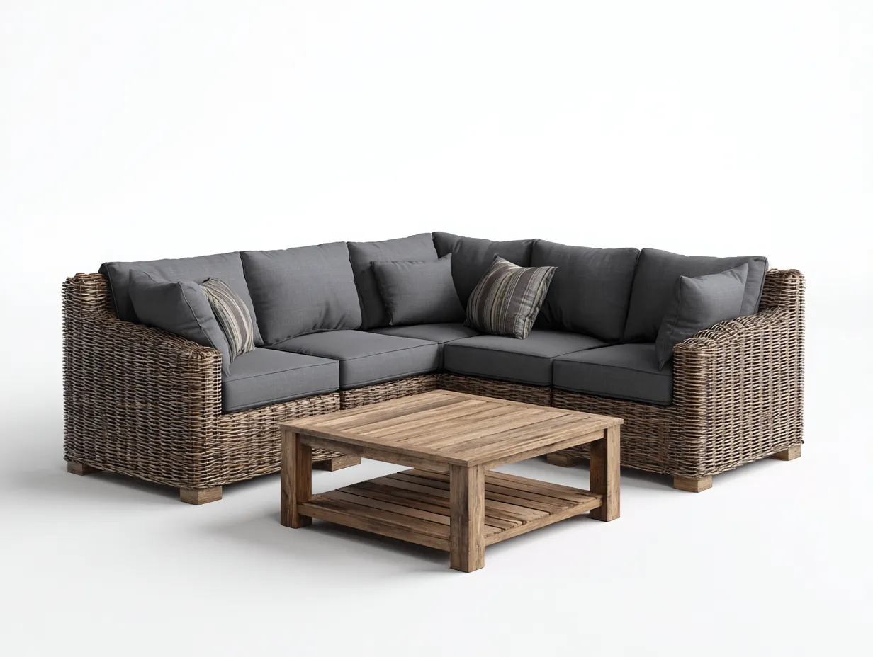 Gartensofa-Polyrattan-Holz-246 x 246 x 76 cm-Natur-Grau-Moderner Outdoor-Stil-Casamyyard