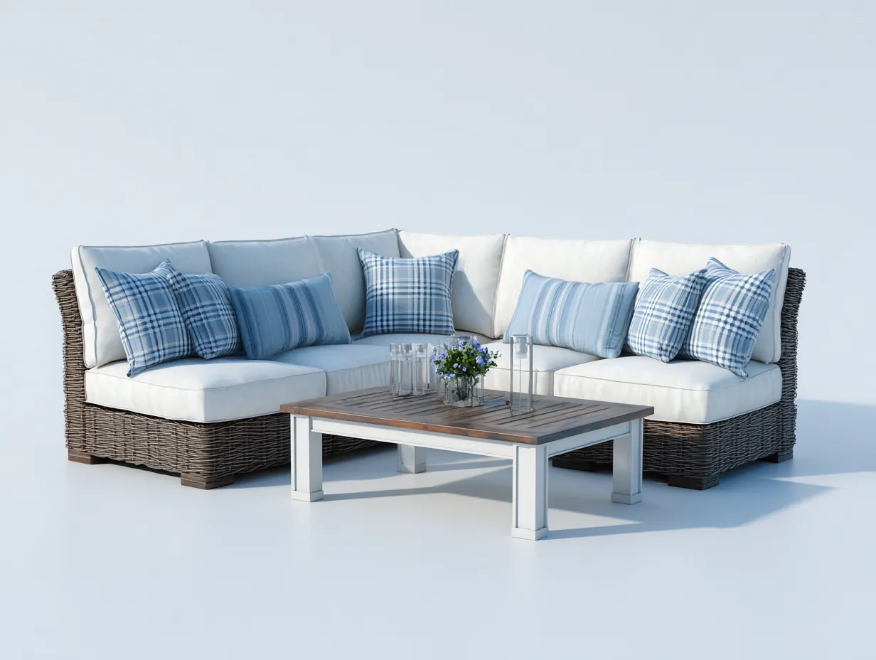 Gartensofa-Polyrattan-Aluminium-Holz-238 x 238 x 68 cm-Weiß-Blau-Braun-Moderner Outdoor-Stil-Casamyyard