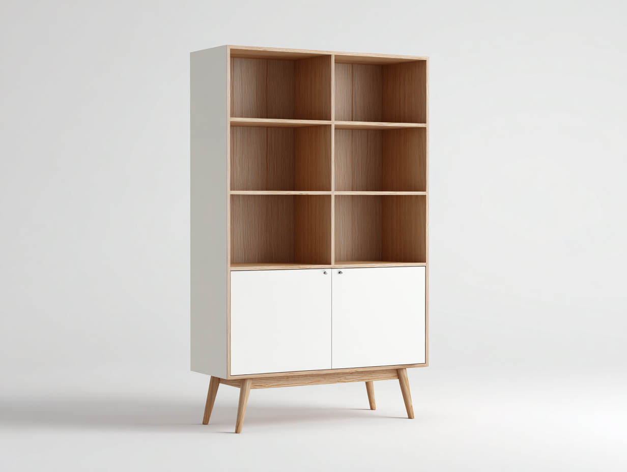 Estantería de madera con 6 compartimentos y 2 puertas 90x40x180 cm blanco y natural para salón - diseño moderno escandinavo-Cottamart