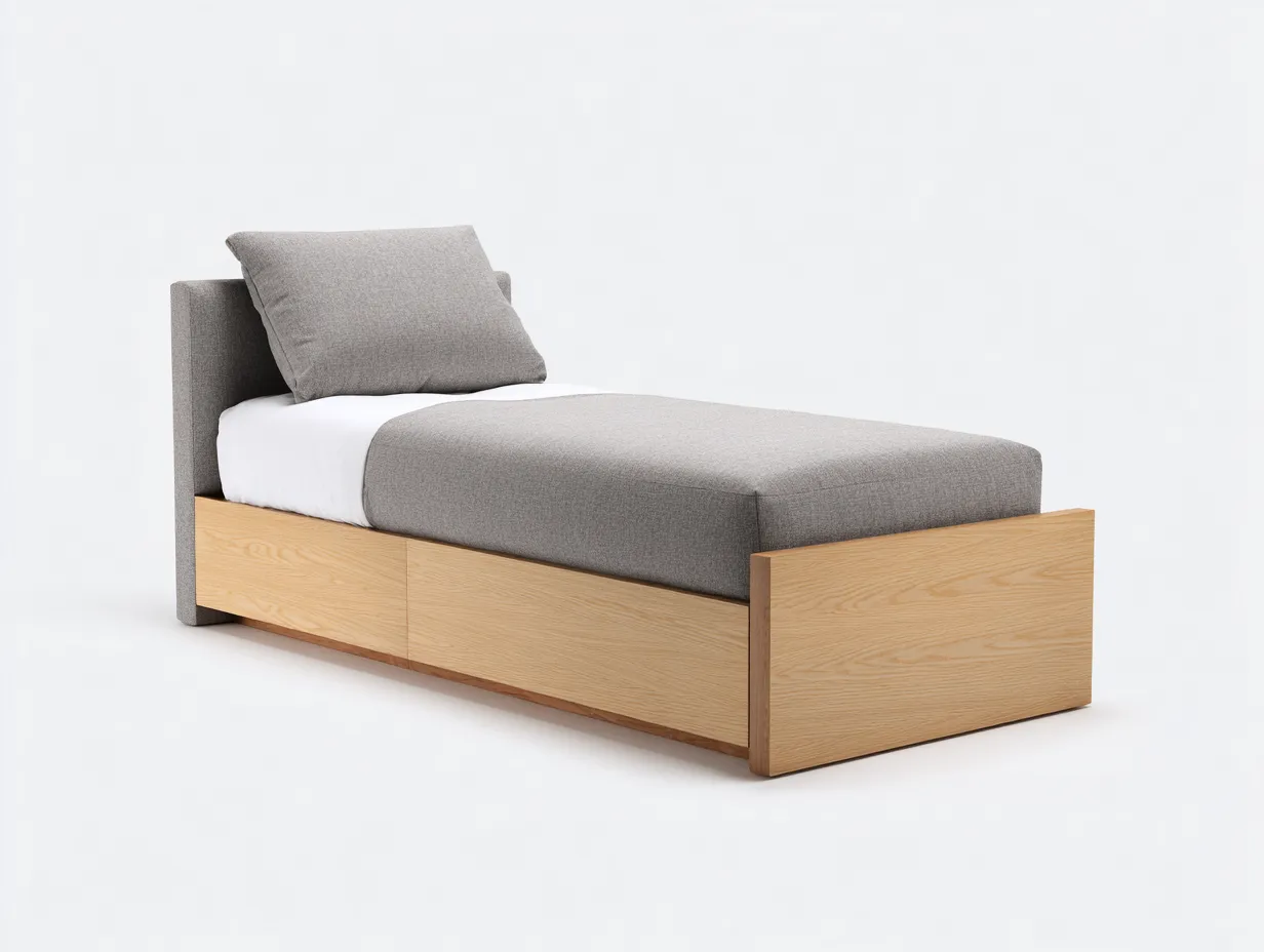 Cama individual 200x100x90 cm - madera natural y cabecero tapizado gris - cama individual moderna-Cottamart