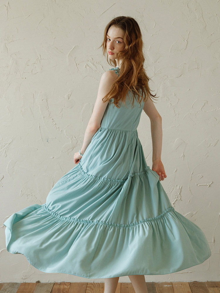 Light Blue High Waist Tiered Slip Dress