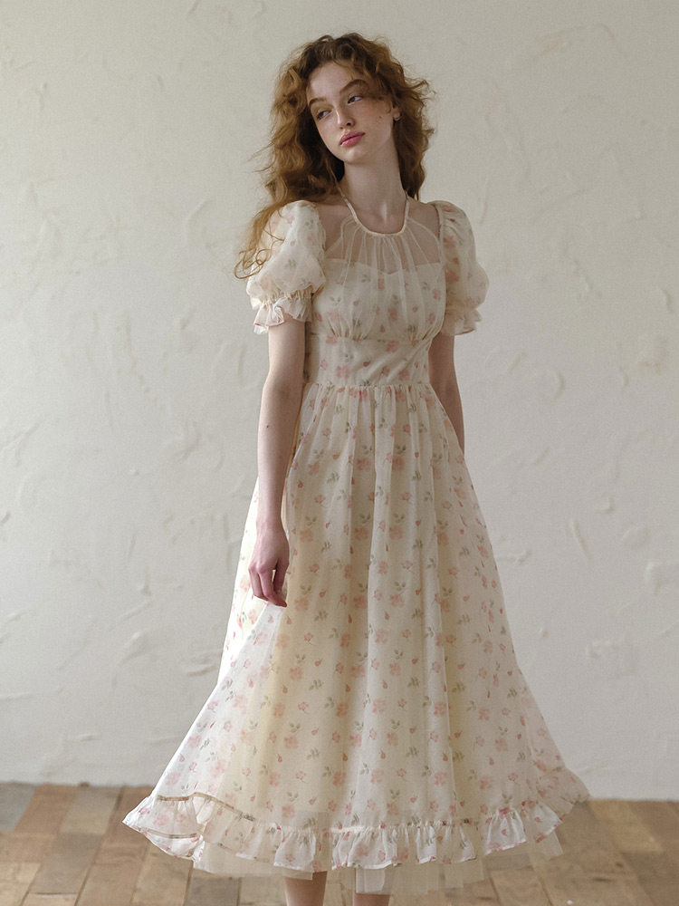 Buy Romantic Pink Floral Short Sleeve Dress - Megustas