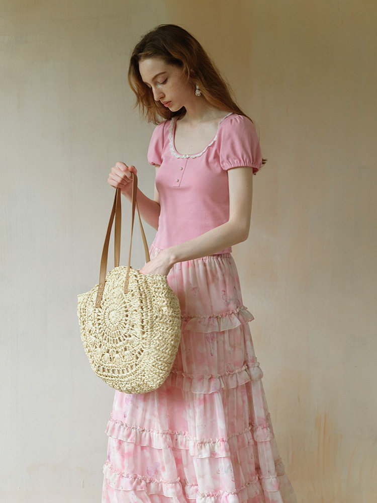 Pink Lace Trim Button Short Sleeve Tee