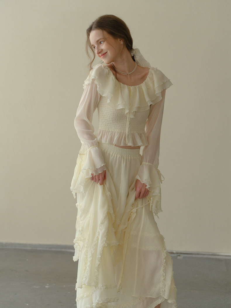 Off-Shoulder Ruffle Tiered Long Sleeve Set