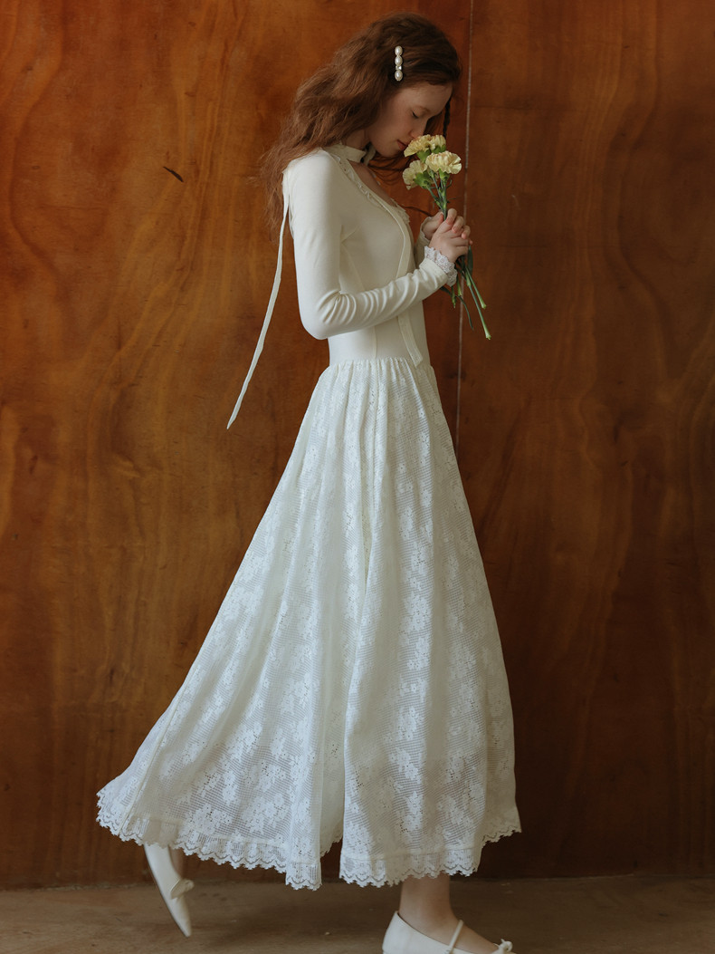 Long Sleeve Waisted Lace Hem White Dress