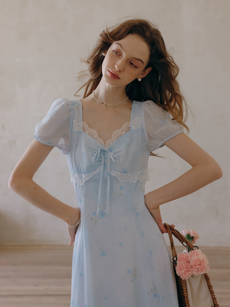 Puff Sleeve Lace Hem A-Line Sheer Light Blue Dress