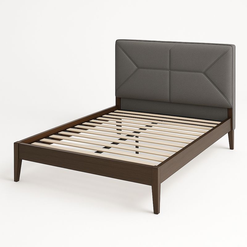 Drewniane łóżko małżeńskie z szarym zagłówkiem z tkaniny 210x160 cm