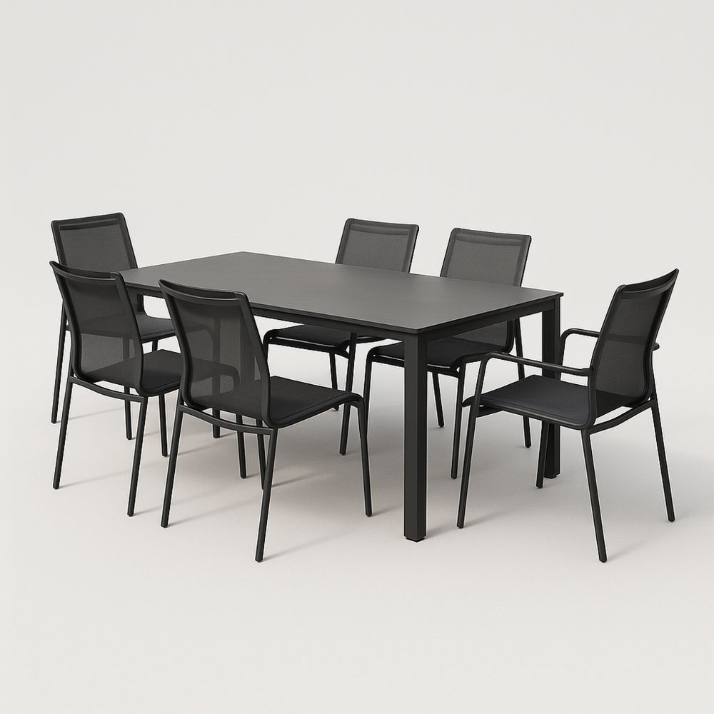 Zestaw mebli z aluminium i poliestru w kolorze czarnym, stół i 6 krzeseł