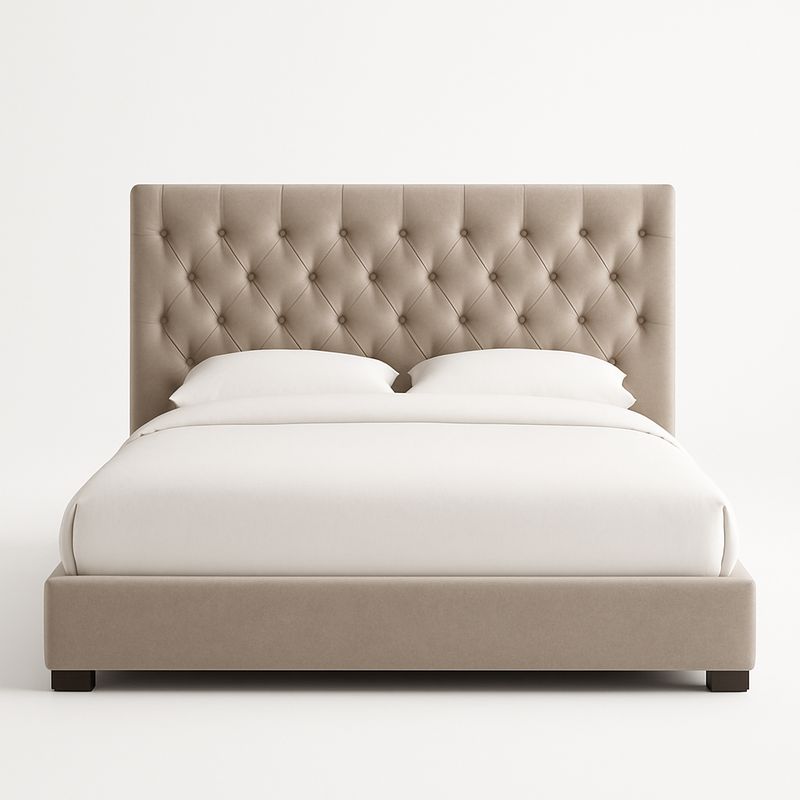 Łóżko tapicerowane pikowane beżowe z ramą drewnianą