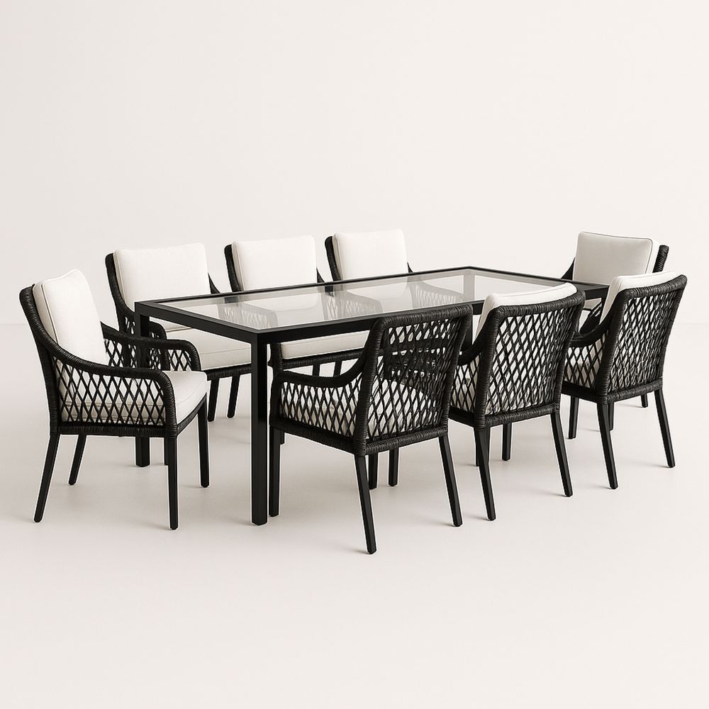 Zestaw mebli ogrodowych z prostokątnym stołem i 8 krzesłami technorattan czarny szkło