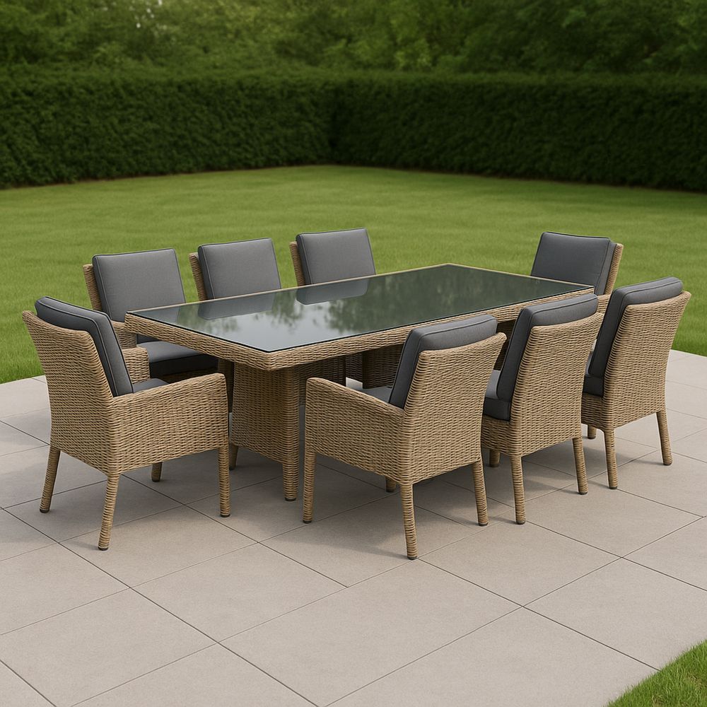 Zestaw mebli ogrodowych z prostokątnym stołem i ośmioma krzesłami z Syntetyczny rattan z blatem szklanym