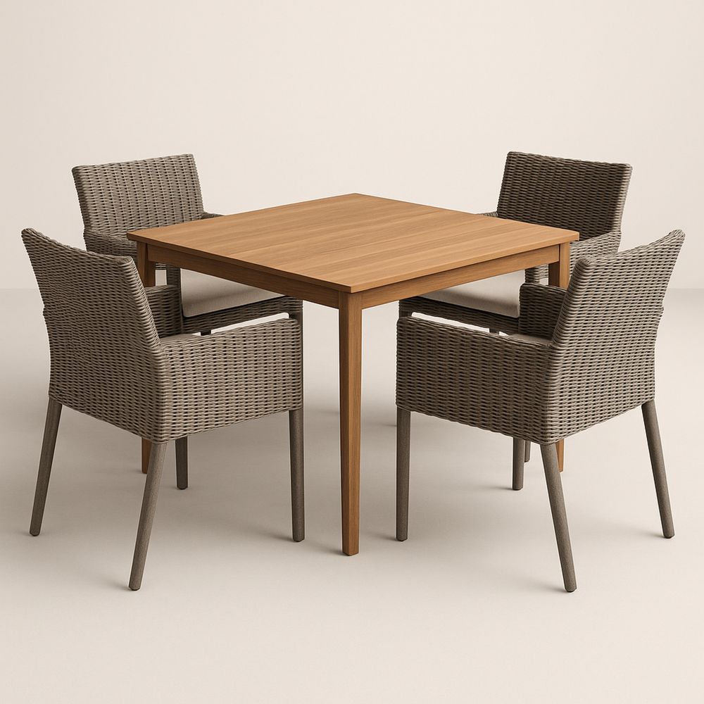 Zestaw mebli ogrodowych stół drewniany 90x90 cm krzesła rattanowe 4 sztuki