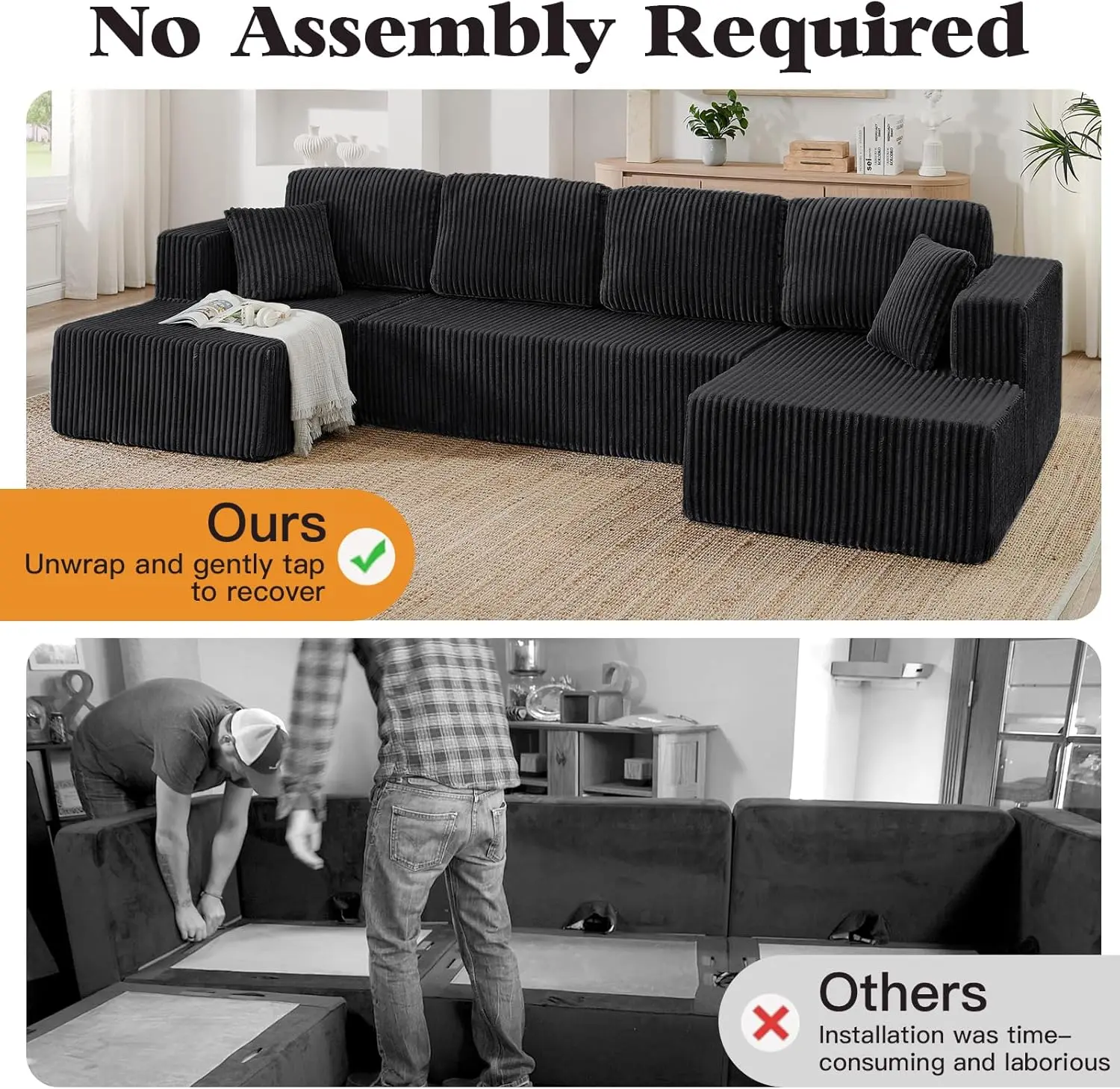 132'' U-shape Boneless Memory Foam Sectional Sofa, Compressed Corduroy Sectional Couches, Oversized U Shape Comfy Modular Compression Cloud Sleeper Sofa with Deep Seat, Space-Saving Recliner Design