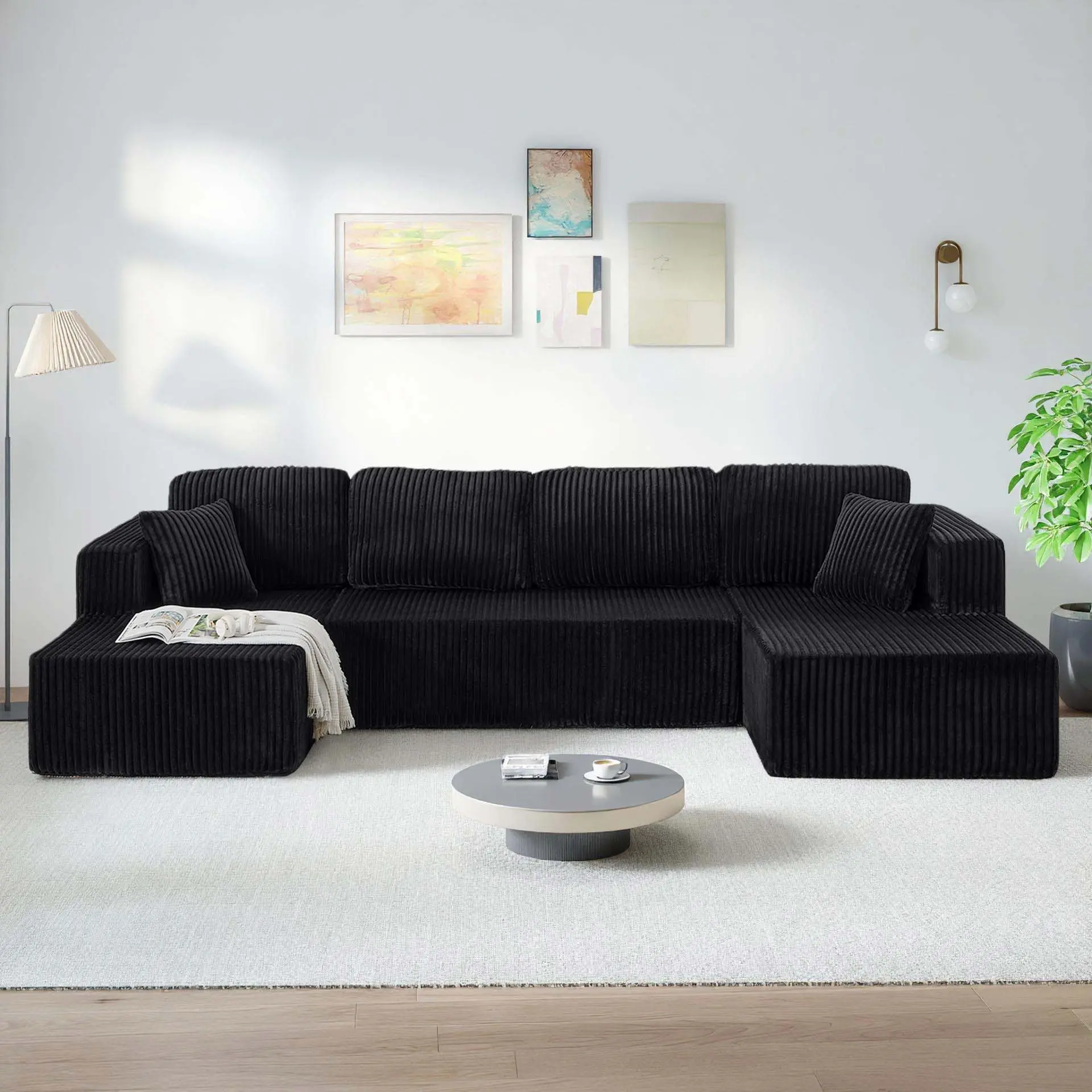 132'' U-shape Boneless Memory Foam Sectional Sofa, Compressed Corduroy Sectional Couches, Oversized U Shape Comfy Modular Compression Cloud Sleeper Sofa with Deep Seat, Space-Saving Recliner Design