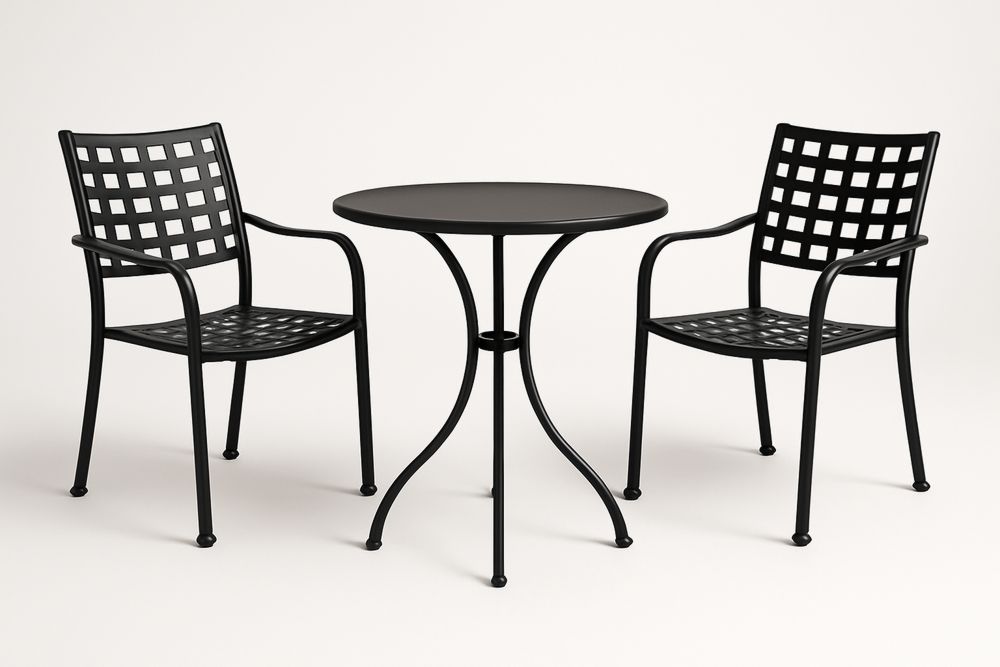 Zestaw mebli z czarnym metalowym stołem okrągłym i 2 krzesłami