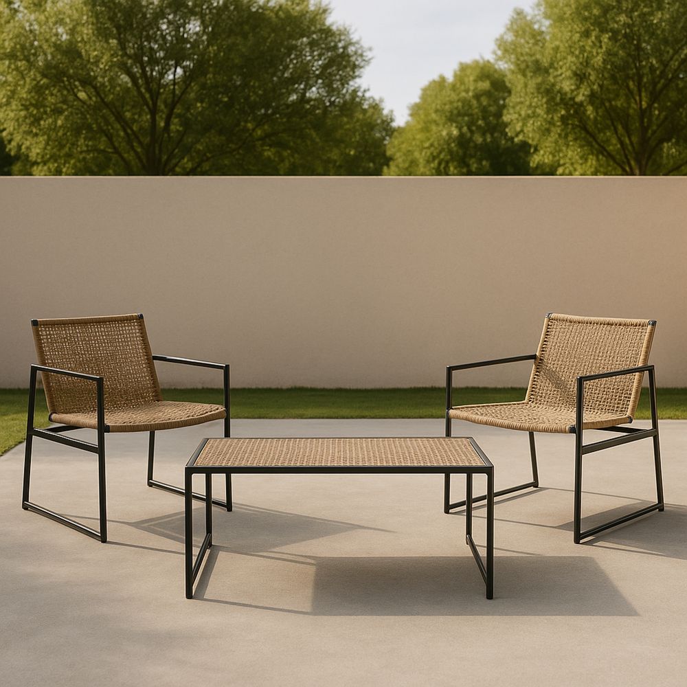 Zestaw mebli ogrodowych z krzesłami metalowymi i rattanem