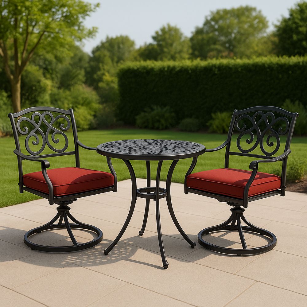 Zestaw mebli ogrodowych z okrągłym stołem stalowym i krzesłami z poduszkami Czarny/Czerwony