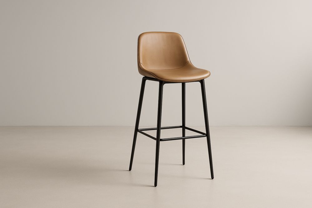Hoker z czarnymi stalowymi nogami i brązowym poliuretanowym siedziskiem