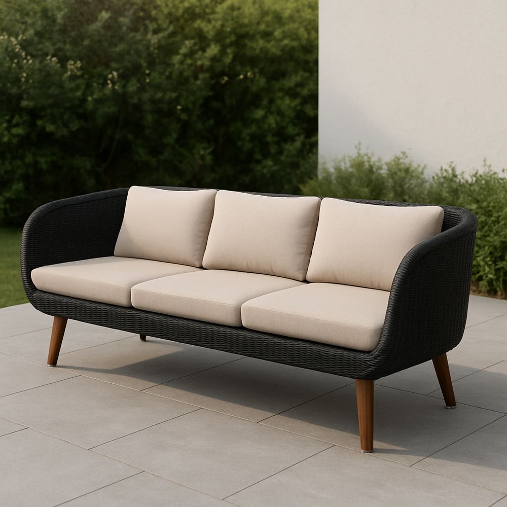 Sofa ogrodowa 3-osobowa Rattan PE Czarny Beżowe Poduszki