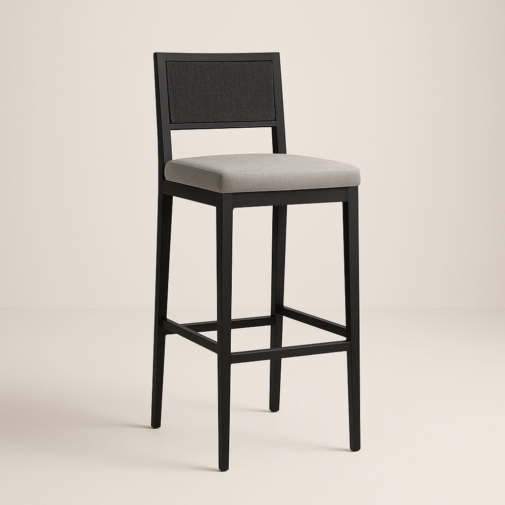 Krzesło barowe metalowe czarne siedzisko materiałowe szare 105x45x47 cm