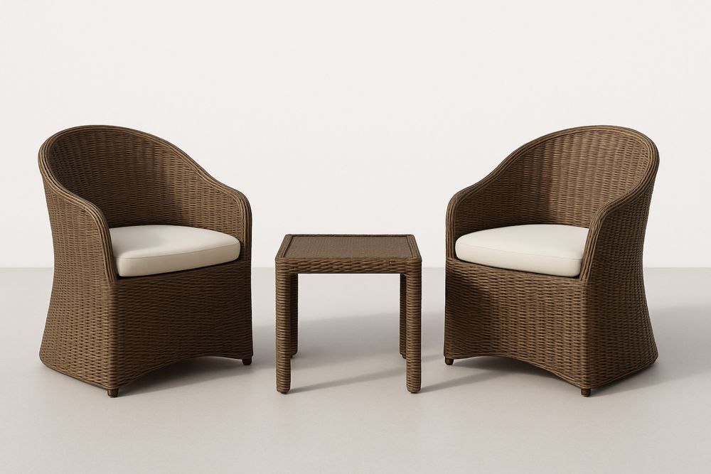 Zestaw z technorattanu 2 krzesła z poduszkami i stolik brązowy