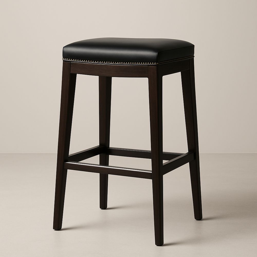 Stołek drewniany ze skórzanym siedziskiem, Czarny i ciemny brąz, 75 cm