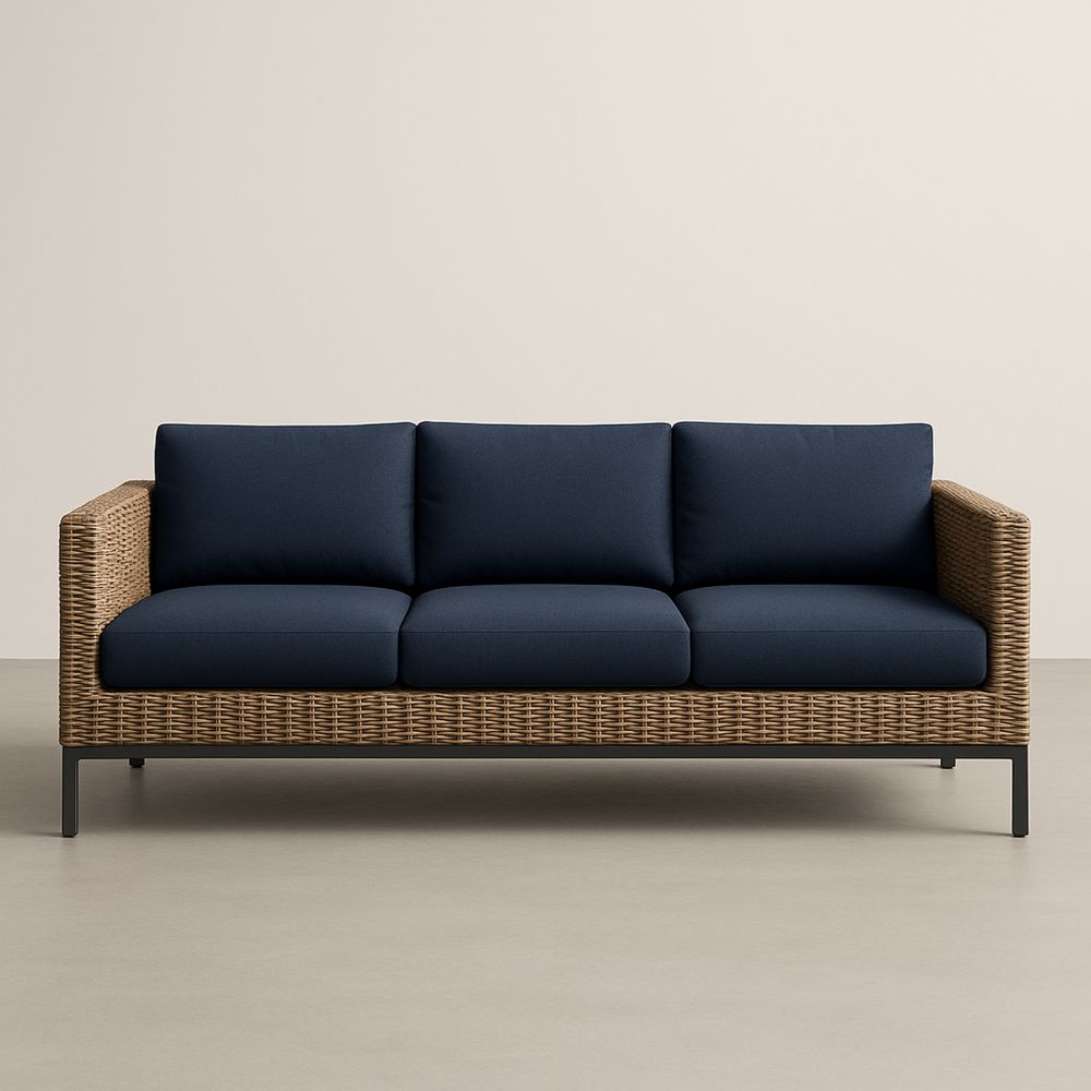 Sofa trzyosobowa zewnętrzna rattanowa z materiałem granatowym 200 cm