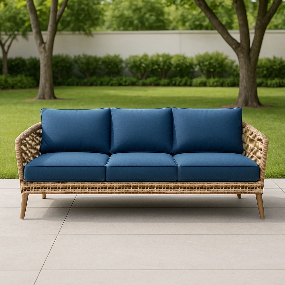 Rattanowa sofa ogrodowa 3-osobowa z niebieskimi poduszkami