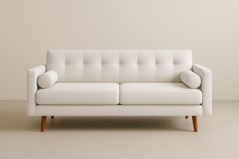 Sofa 200×85×85 cm, tapicerka poliester, pianka PU, rama lite drewno bukowe, kolor biały, oparcie stałe, 2 poduszki walcowe, montaż wymagany