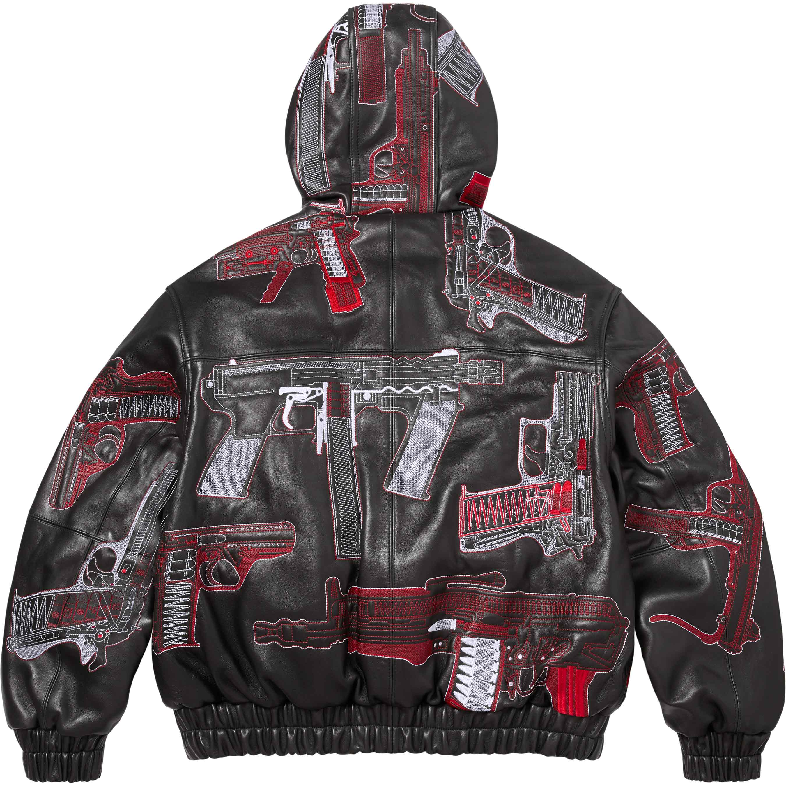 Guns Embroidered Hooded Leather Jacket