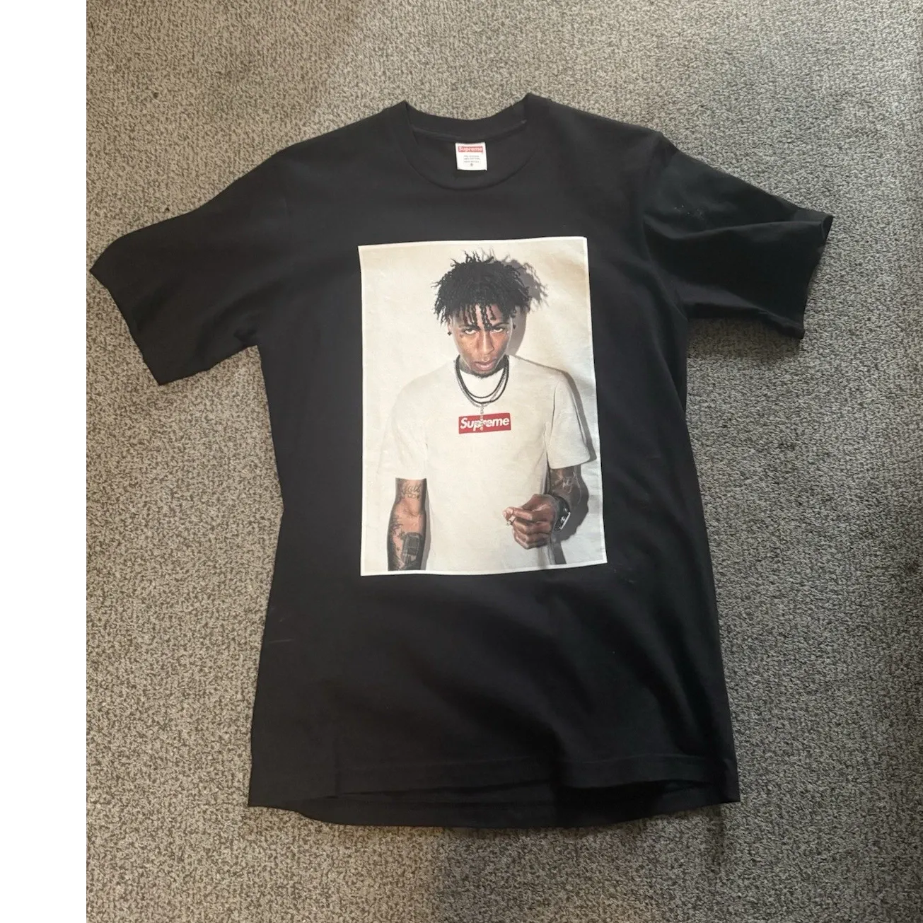 Supreme Logo Graphic Print Men's Black Short Sleeve T-Shirt NBA YOUNGBOY COLLAB