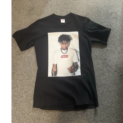 Supreme Logo Graphic Print Men's Black Short Sleeve T-Shirt NBA YOUNGBOY COLLAB