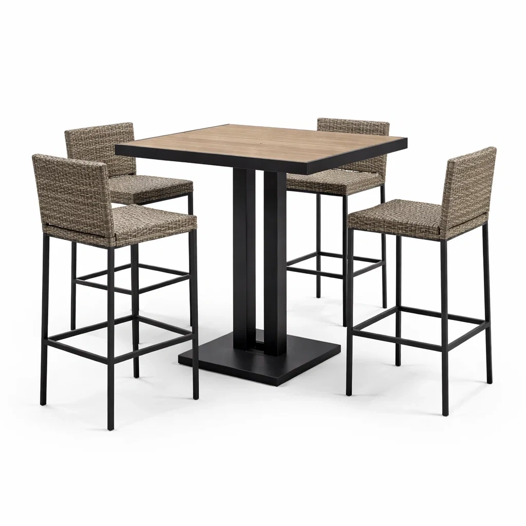 Bar set aus holz und metall mit rattan barhockern quadratisch-nestzenora