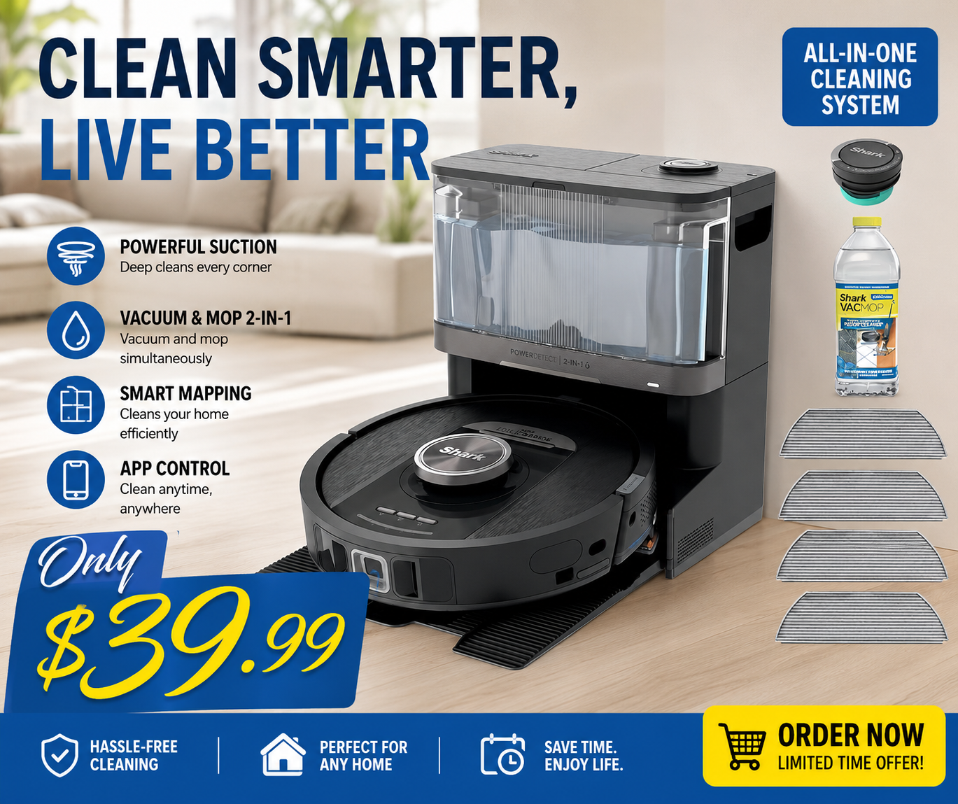 Shark Automatic Robotic Vacuum Cleaner (includes floor cleaning solution and filter base)