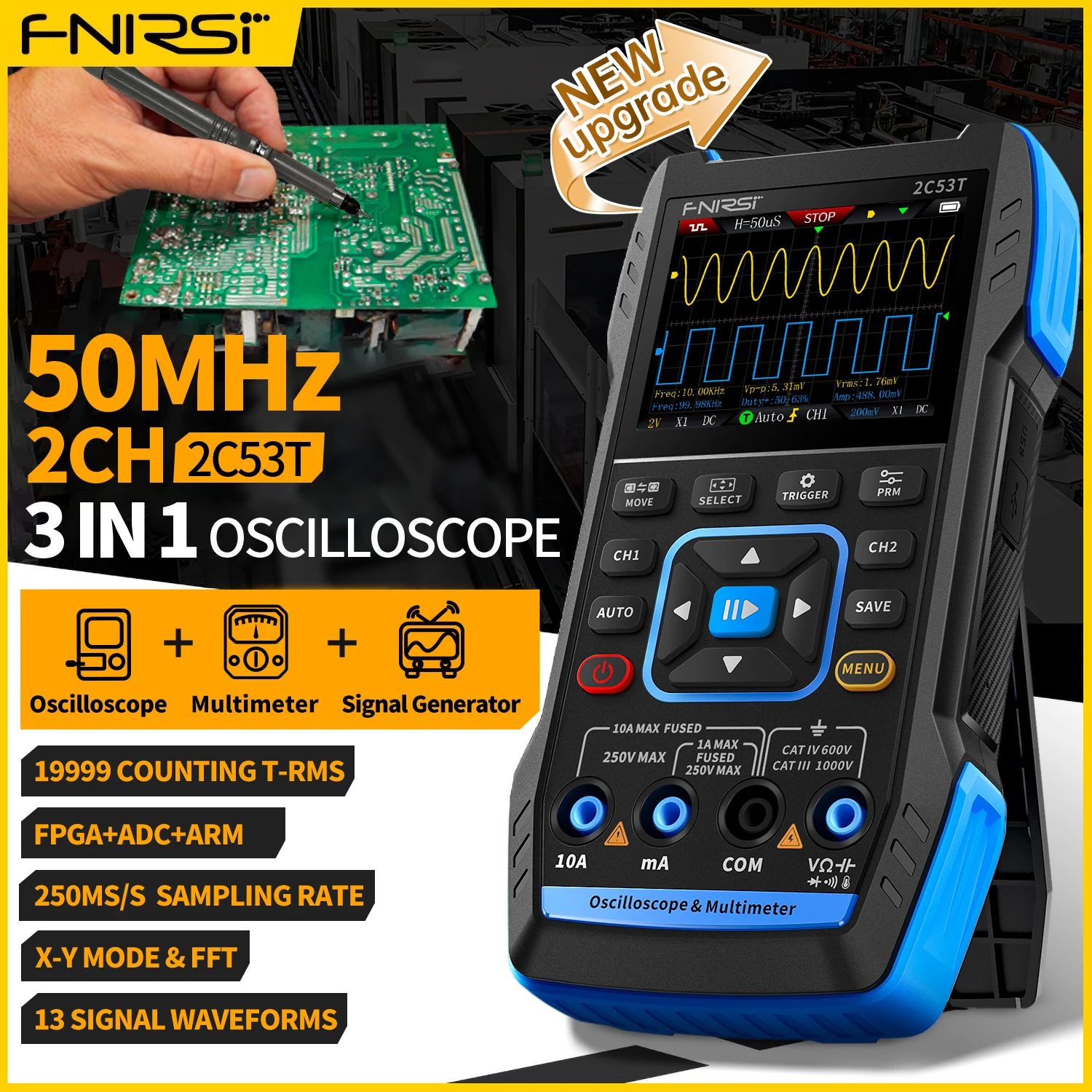【BIG SALE】FNIRSI 2C23T 2C53T Upgrade 50MHz Handheld Digital Oscilloscope Multimeter Signal Generator 3 in 1 Dual Channel Automotive Tools