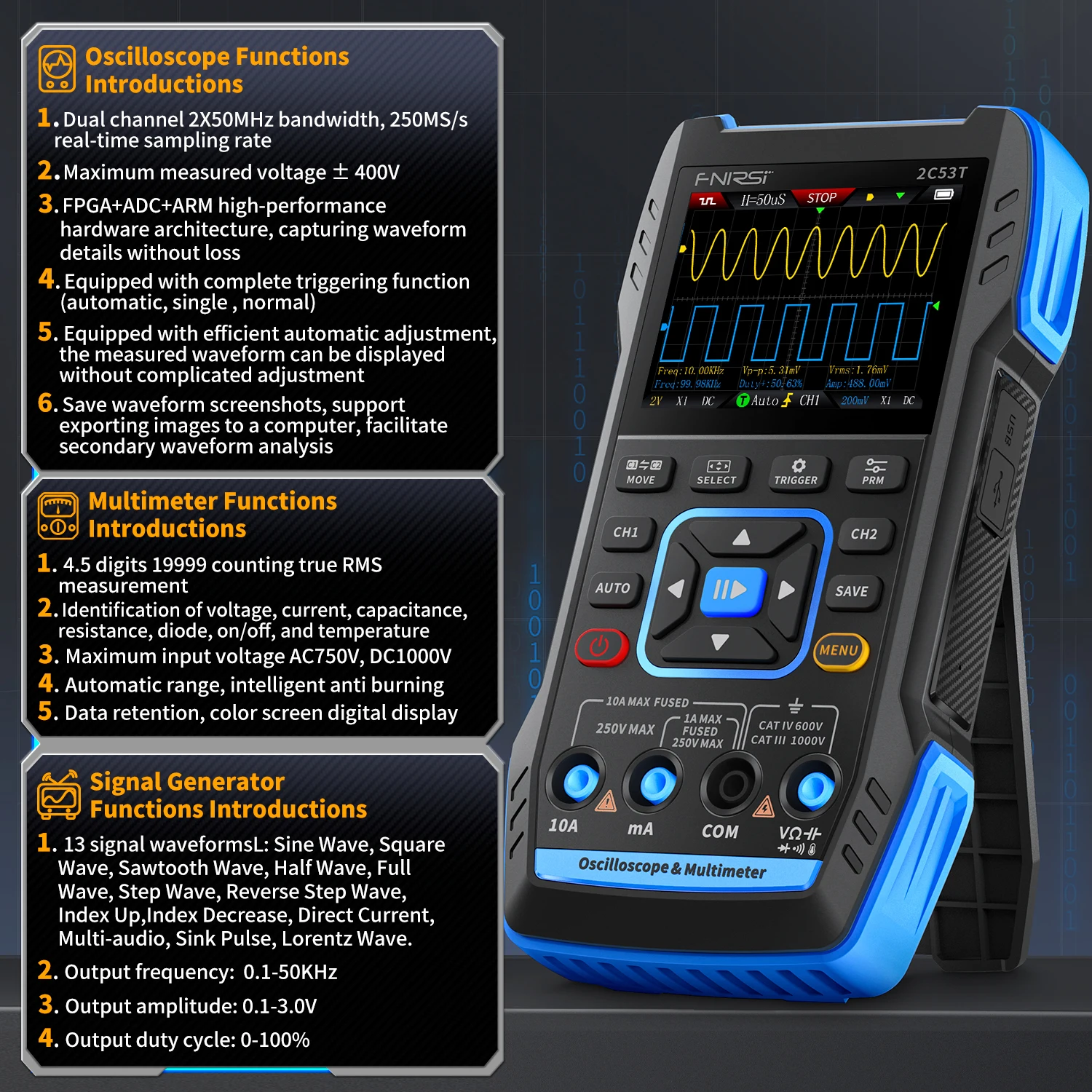 【BIG SALE】FNIRSI 2C23T 2C53T Upgrade 50MHz Handheld Digital Oscilloscope Multimeter Signal Generator 3 in 1 Dual Channel Automotive Tools