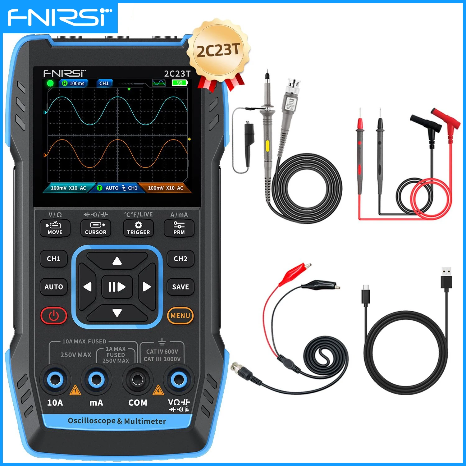 【BIG SALE】FNIRSI 2C23T 2C53T Upgrade 50MHz Handheld Digital Oscilloscope Multimeter Signal Generator 3 in 1 Dual Channel Automotive Tools