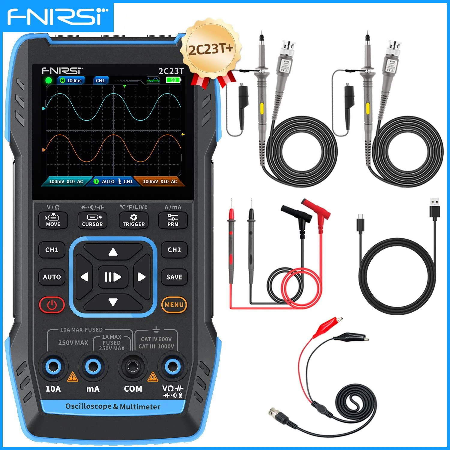 【BIG SALE】FNIRSI 2C23T 2C53T Upgrade 50MHz Handheld Digital Oscilloscope Multimeter Signal Generator 3 in 1 Dual Channel Automotive Tools