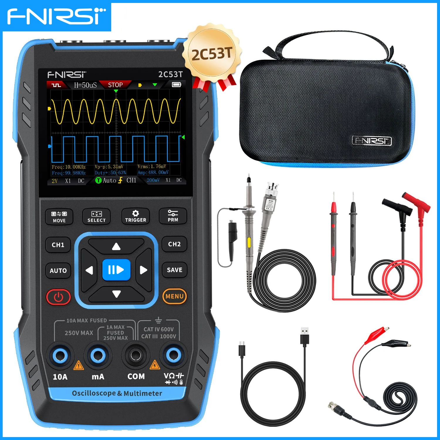 【BIG SALE】FNIRSI 2C23T 2C53T Upgrade 50MHz Handheld Digital Oscilloscope Multimeter Signal Generator 3 in 1 Dual Channel Automotive Tools