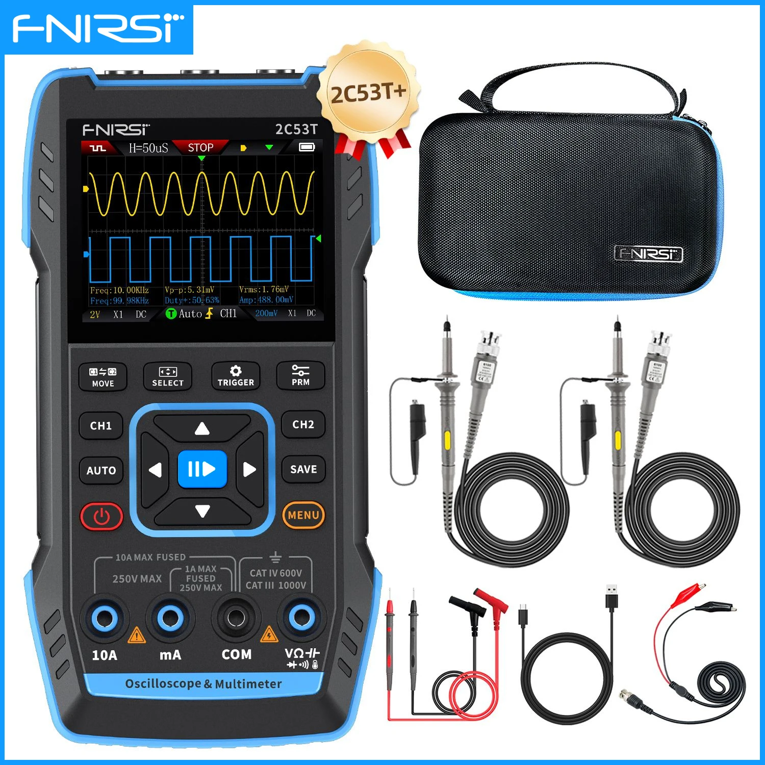 【BIG SALE】FNIRSI 2C23T 2C53T Upgrade 50MHz Handheld Digital Oscilloscope Multimeter Signal Generator 3 in 1 Dual Channel Automotive Tools