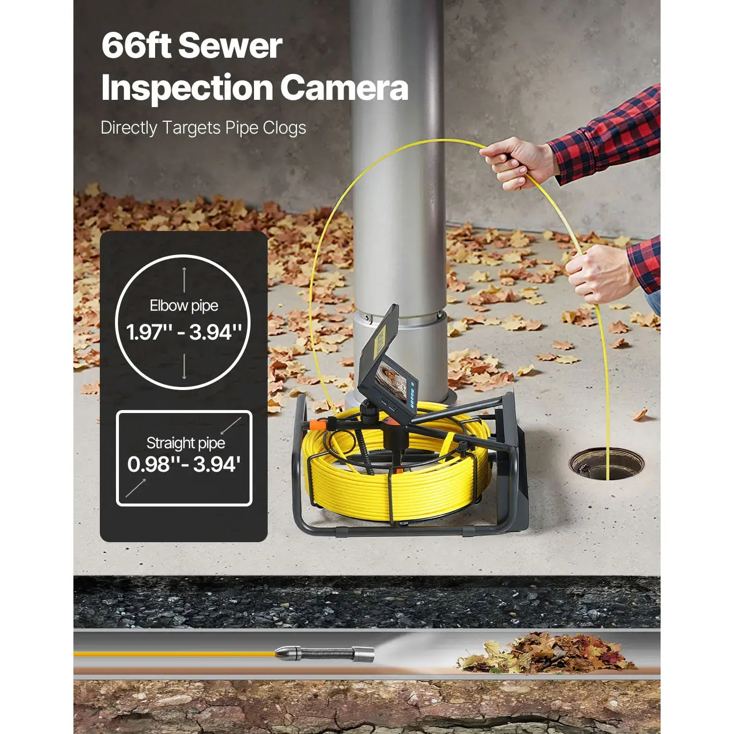 🔥Hot Sale🔥Sewer Camera 65.6FT with 4.3" Screen, DVR & LED Lights