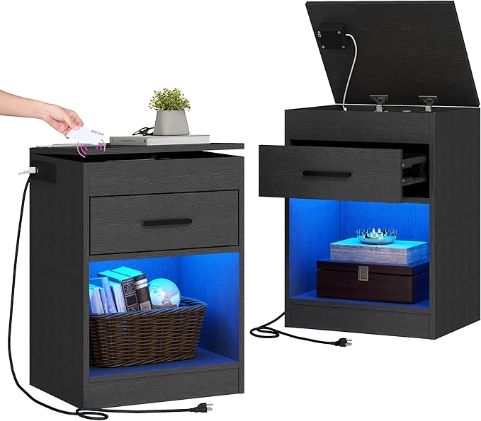 【Price Slash】Auromie Nightstand , Concealment Furniture with RFID Lock Cabinet and Power Outlets, Bedside Table with Hidden Compartment for Valuables Storage