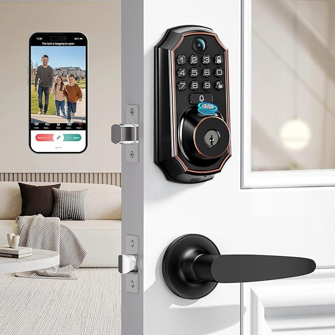 🛡️[SMART UPGRADE] 5-in-1 WiFi Smart Lock with Camera & Doorbell, Keyless Entry Handleset 🚪