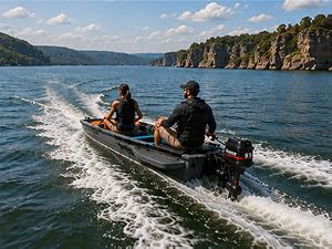 Modular fishing boat cruising across open water with an outboard motor.