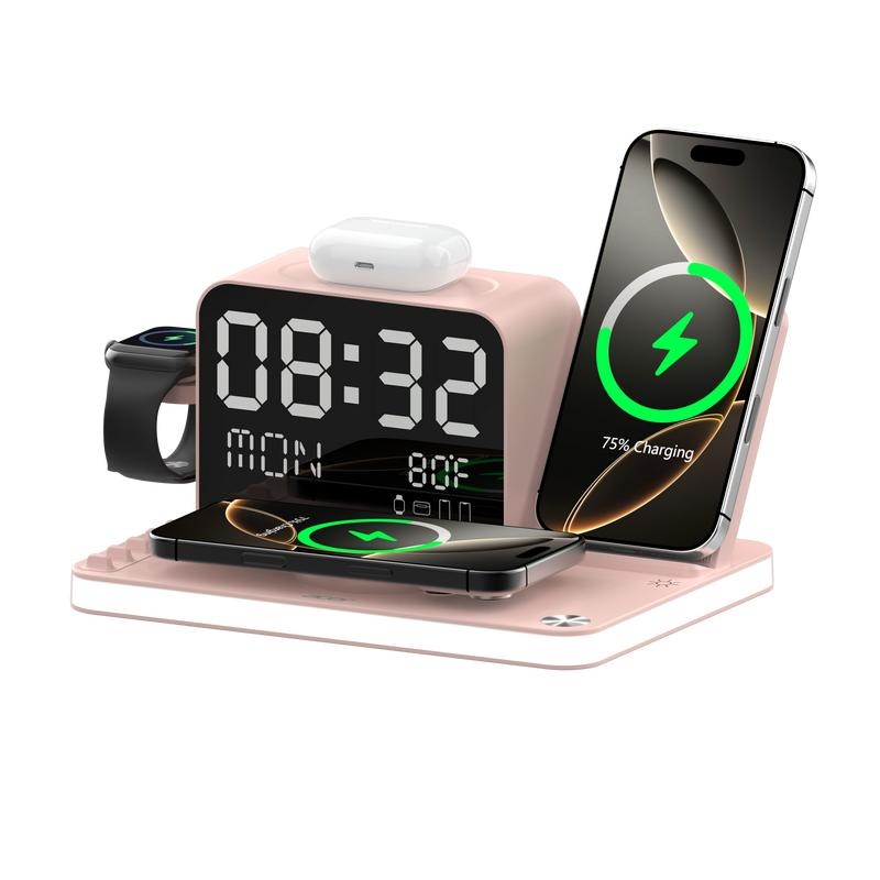 Acer 7-in-1 Wireless Charging Station with Alarm Clock & Bluetooth Time Sync, 15W Fast MagSafe Magnetic Charging Stand for iPhone, Apple Watch, AirPods, Bedside Night Light Dock for Android, Gift